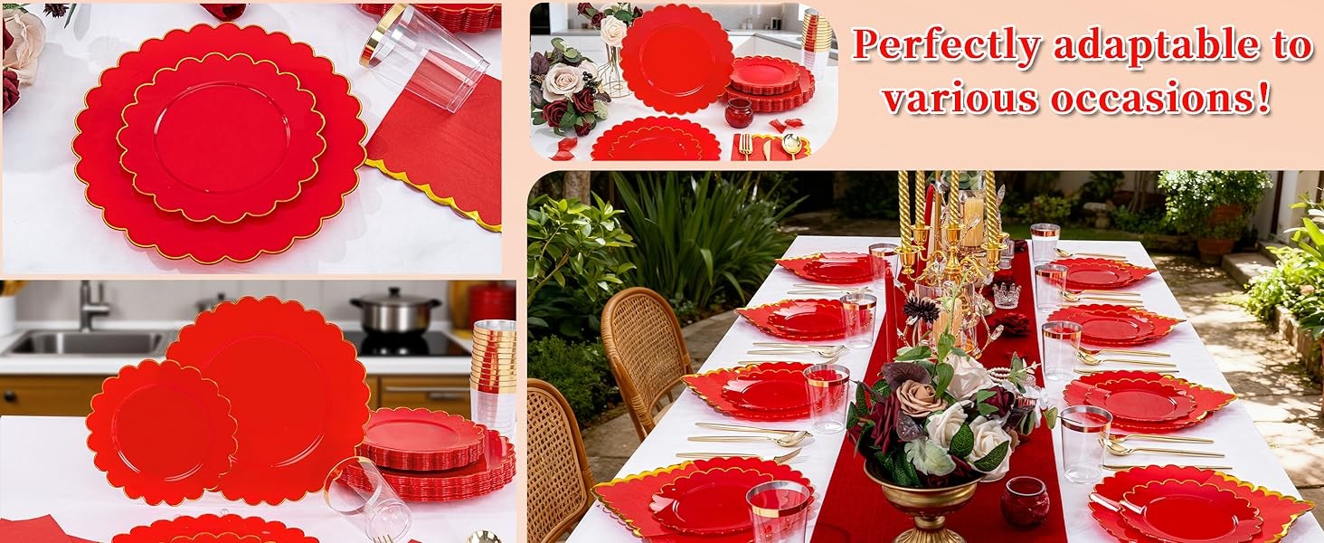 LIYH 210 Pcs Red Plastic Plates – Red Disposable Plates and Napkins Set, Gold