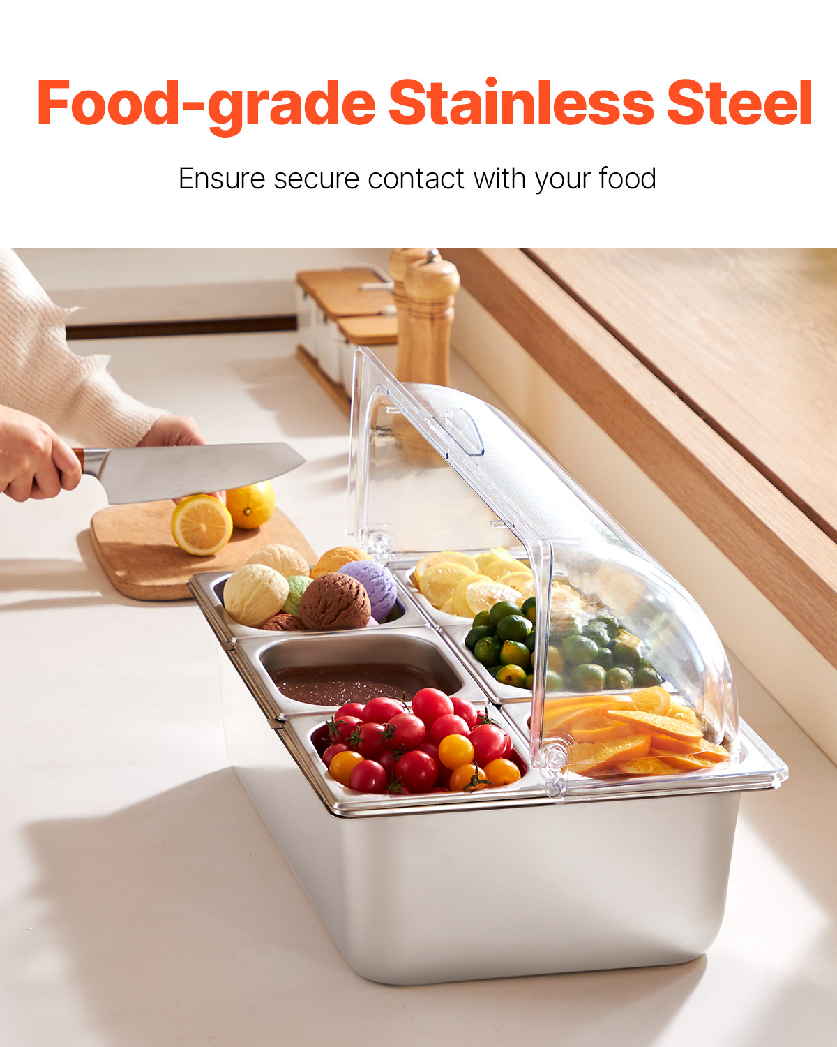 Countertop Food Serving Display Container 6 Pan Condiment Dispenser with Lid