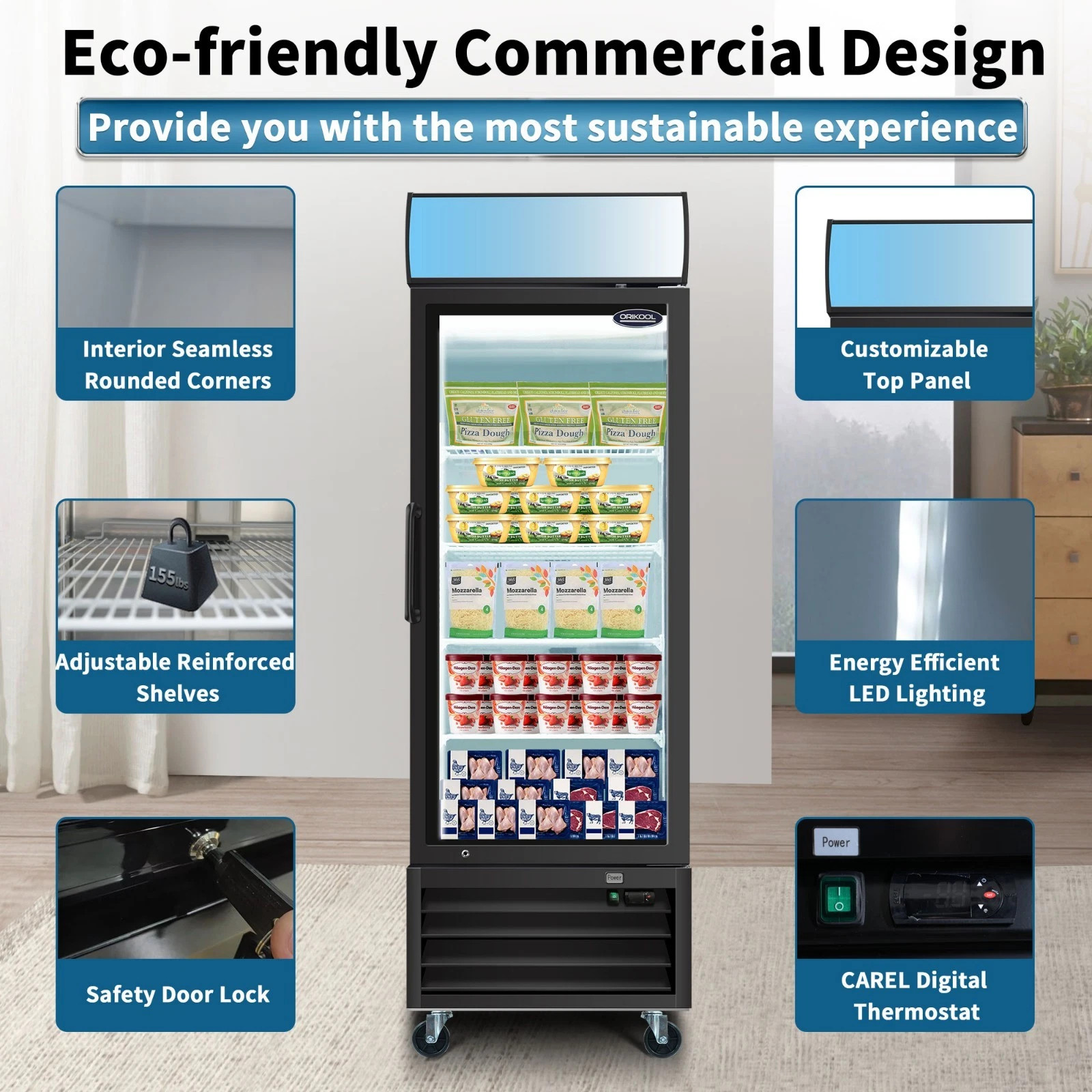 Single Door Commercial Upright Display Freezer Merchandiser Freezer Glass Doors
