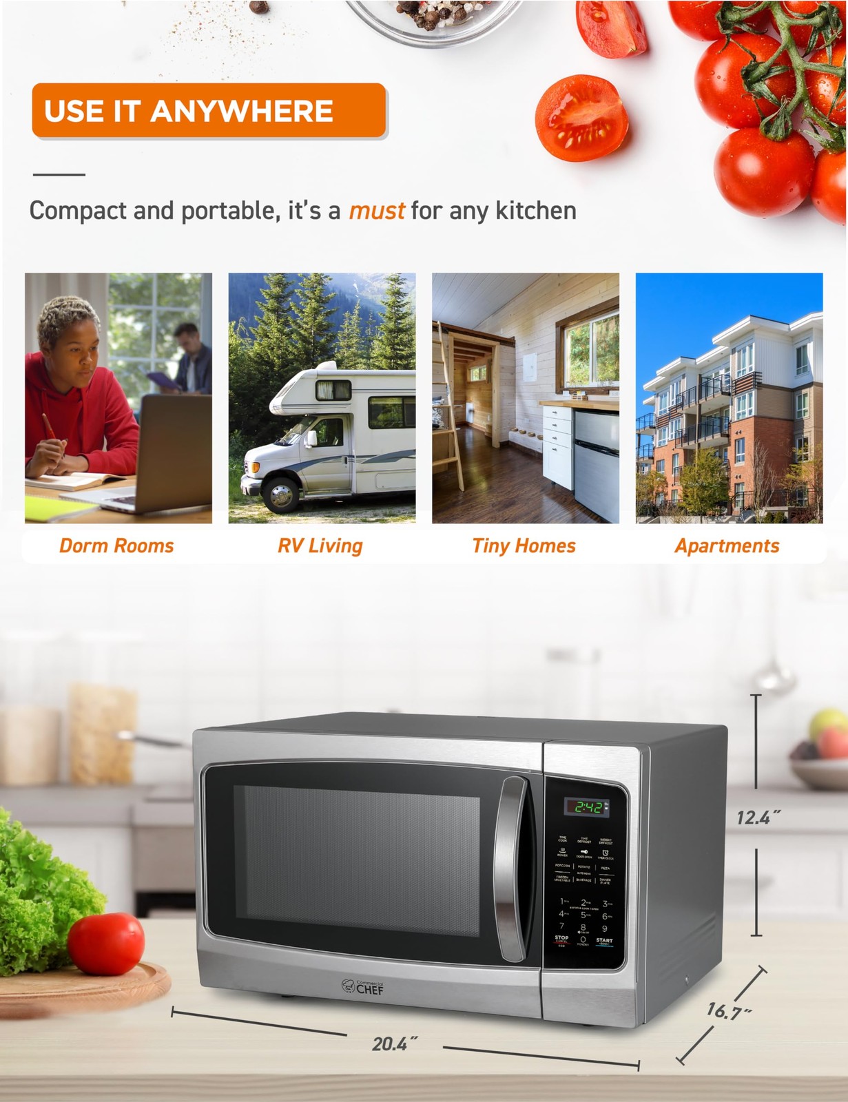 COMMERCIAL CHEF Microwave 1.3 Cu Ft with 10 Cubic Feet, Stainless Steel