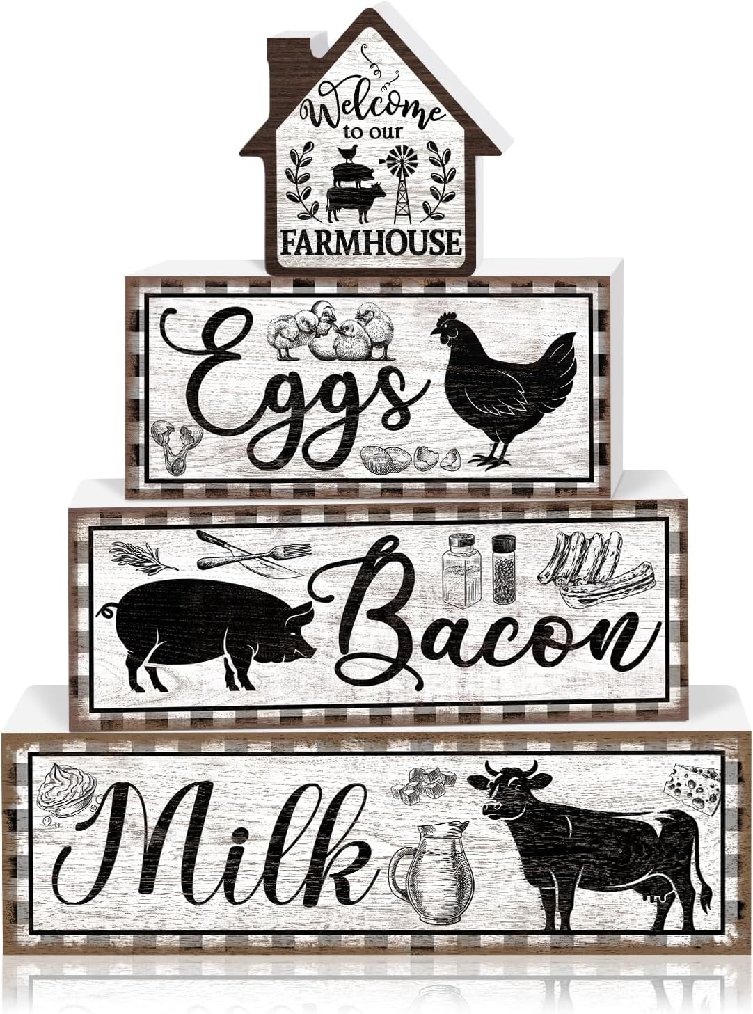 4 Pcs Farmhouse Decor Wooden Tiered Tray Signs, Rustic Rooster Farm Animal