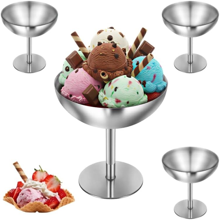 Stainless Ice Cream Bowls, 4 pcs Dessert Cups 160 ml/5.41 oz Reusable Metal
