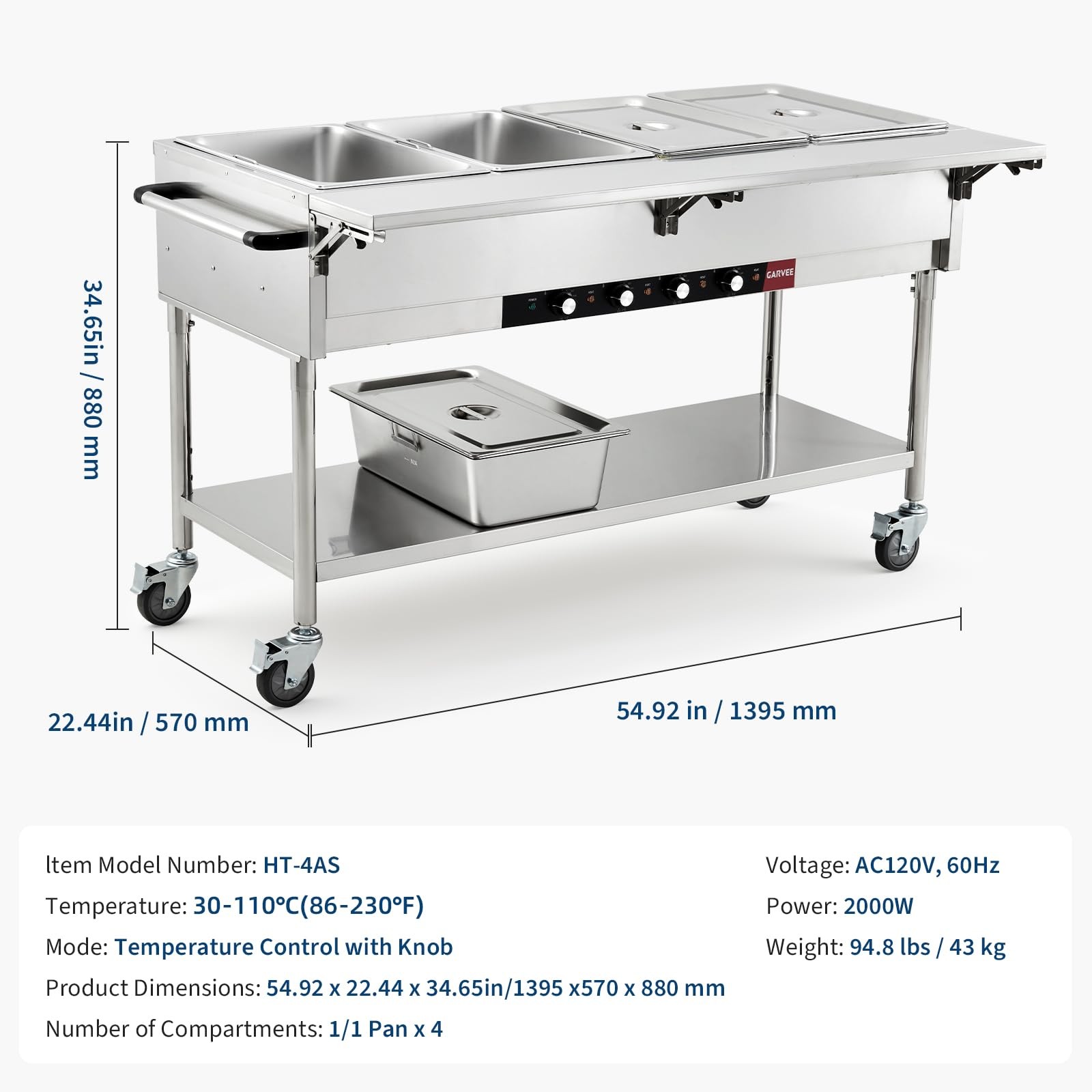 Garvee 2000W Electric Food Warmer 4×20.6QT Stainless Buffet Server Wheels Cater