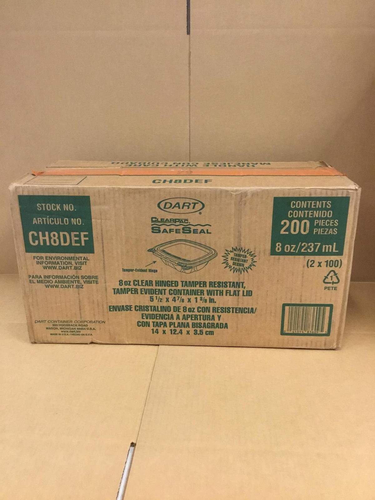 NEW Dart CH8DEF 8oz Tamper-Resistant Clear Hinged Container w/Flat Lid, 200 CT