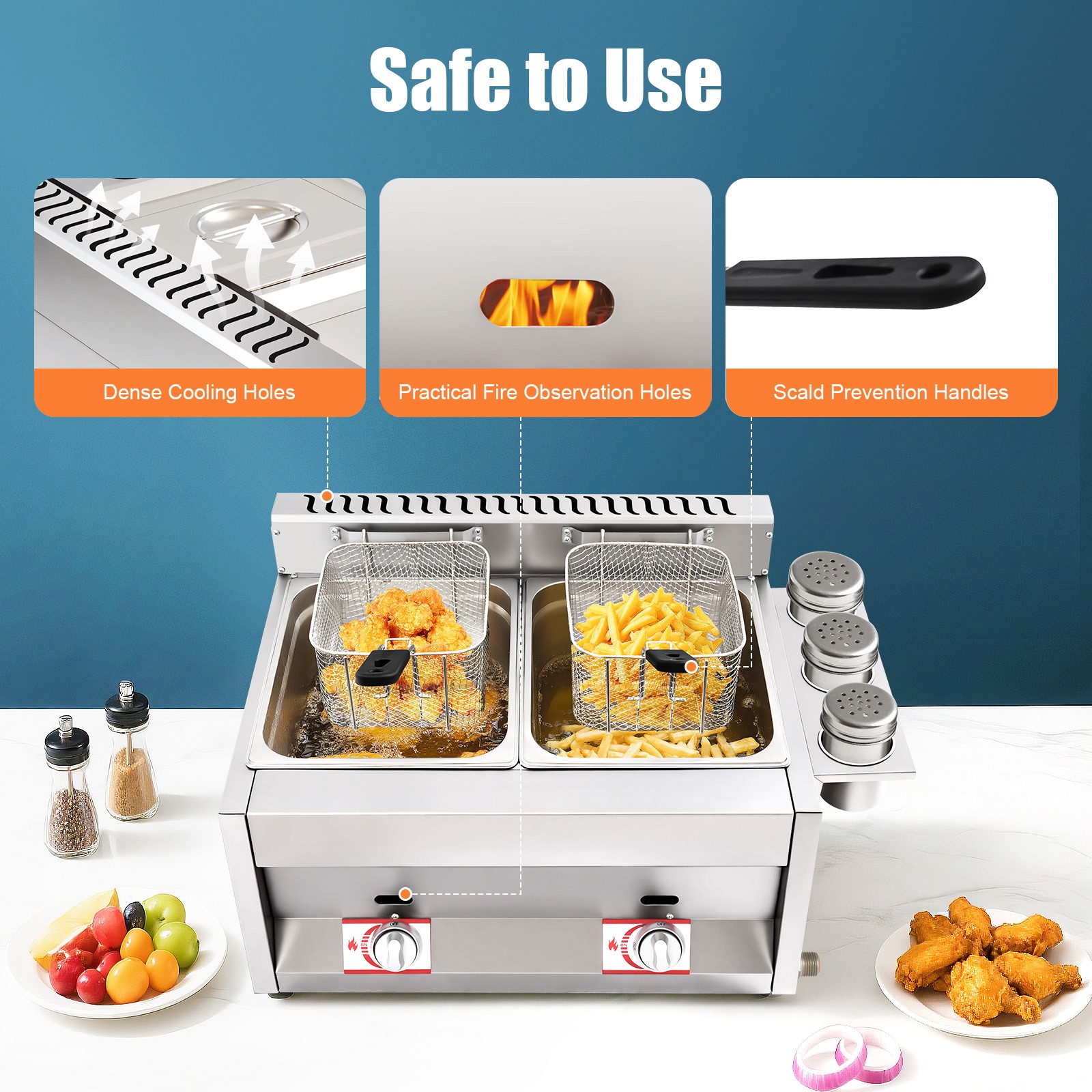 23.74*18.11*13.18″ Silver Commercial Dual Tank Kitchen Deep Fryer W/ Basket& Lid