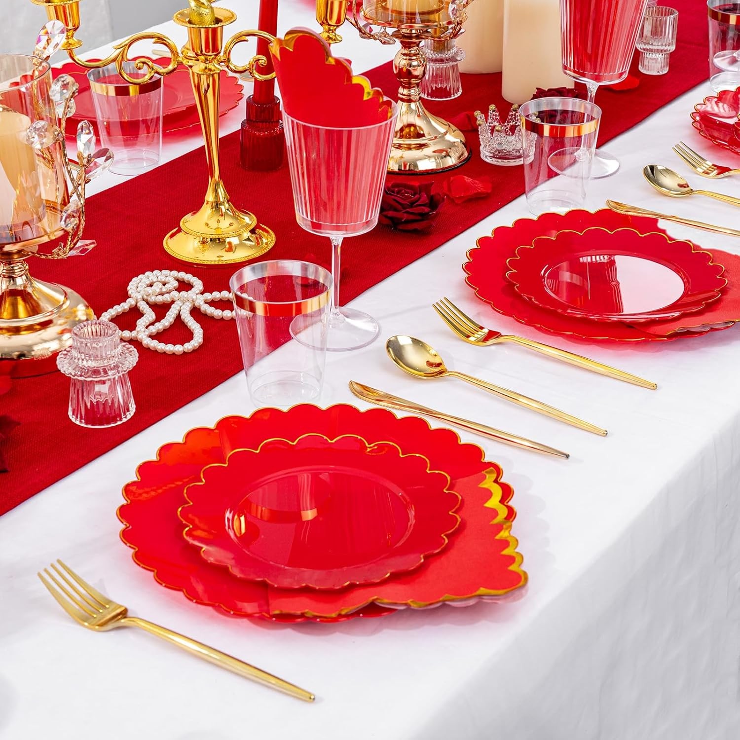 LIYH 210 Pcs Red Plastic Plates – Red Disposable Plates and Napkins Set, Gold