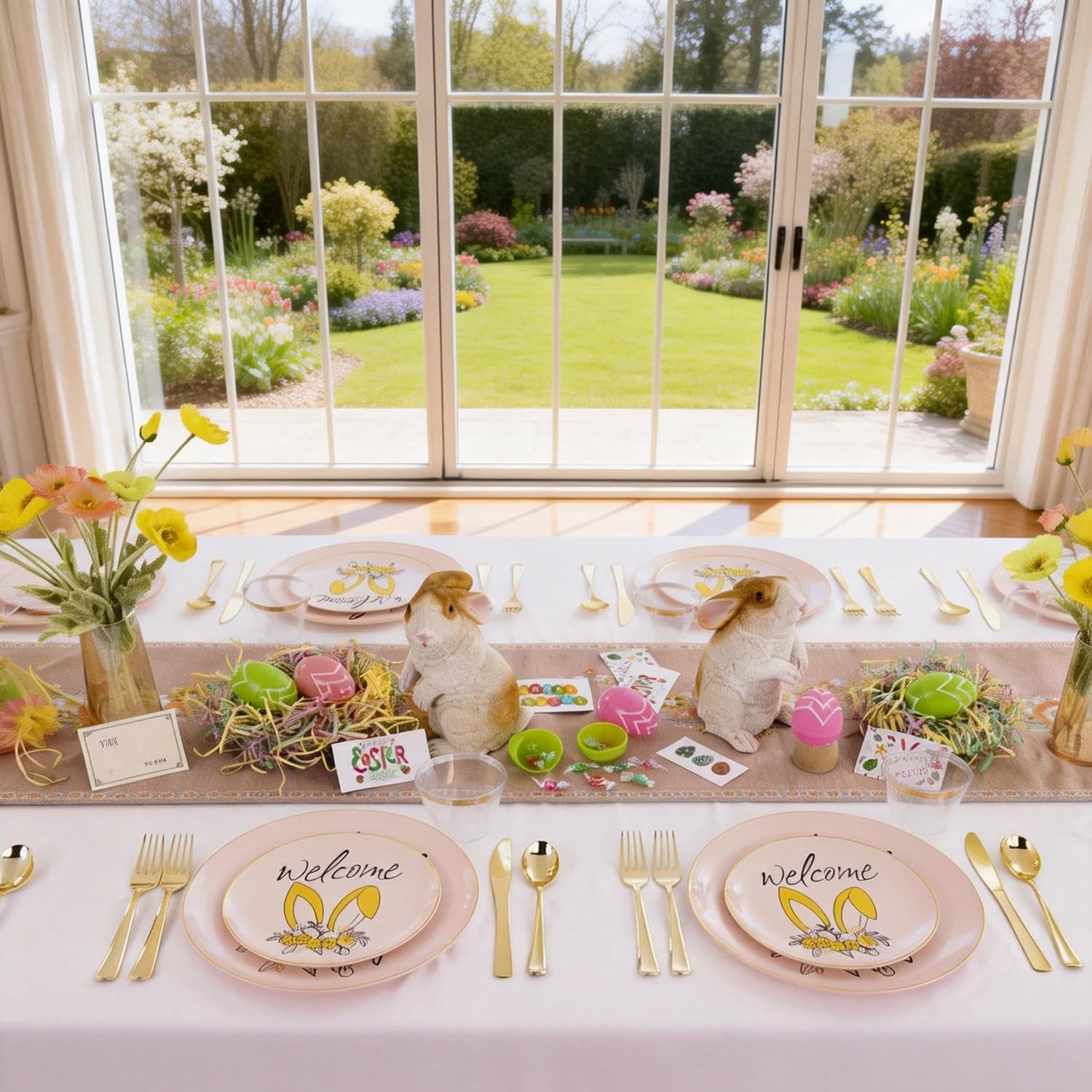 210Pcs Easter Plastic Plates,Pink Gold Party Plates with Bunny Egg Design