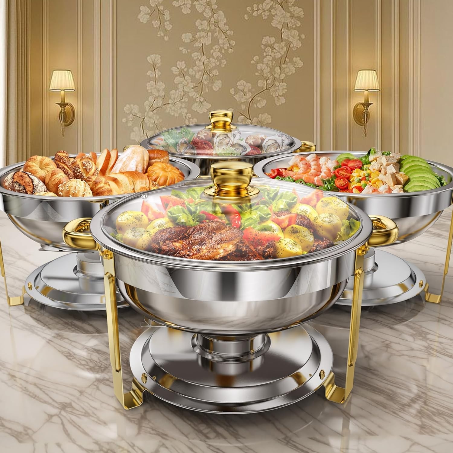 4 Pack 6QT Round Stainless Steel Chafing Dish Set with Glass Lid (Sliver & Gold)