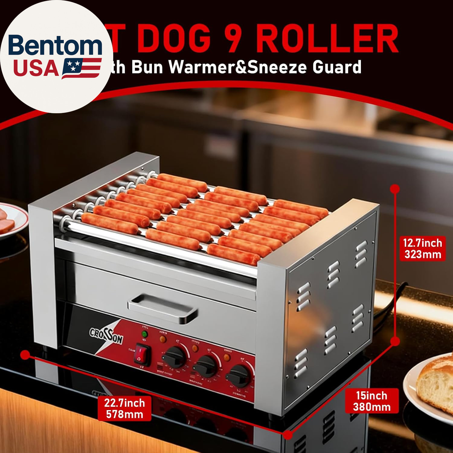 Hot Dog Roller 9 Rollers 24 Hot Dogs,1750W Hot Dog Grill Cooker Machine with Bun