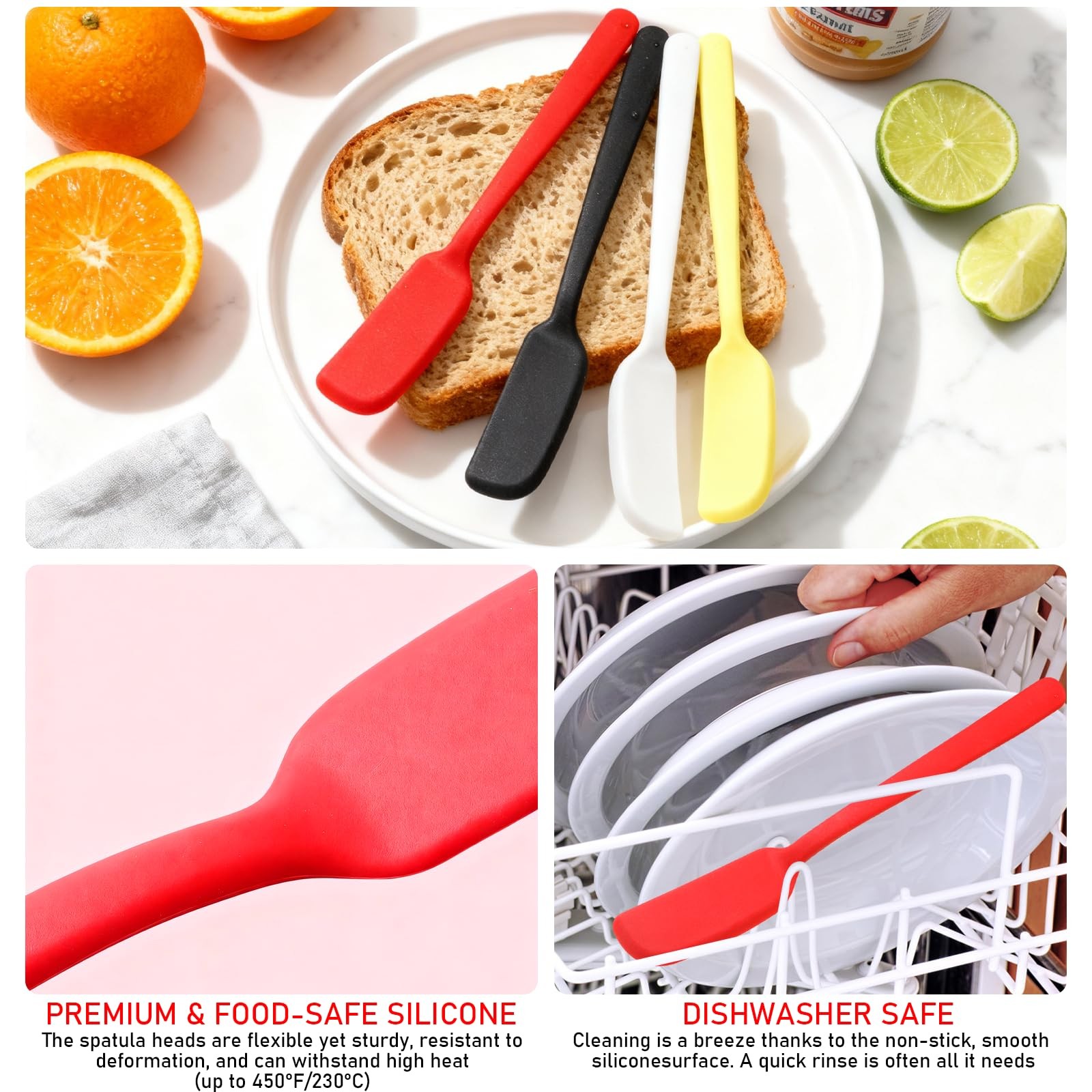4 PCS Silicone Jar Spatula – All-in-One 7.2 inch, Black Red Yellow Grey