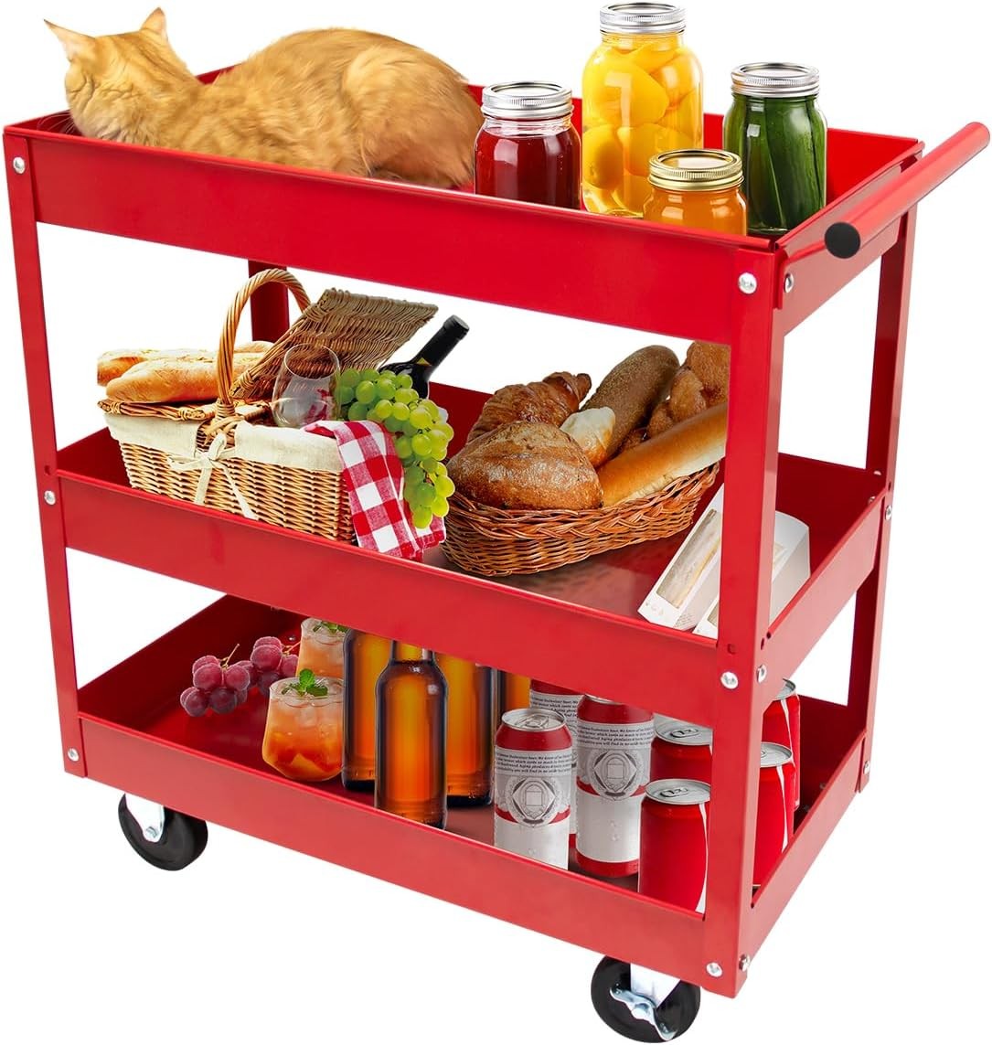 Torin Service Utility Cart Heavy Duty 3 Shelf Tier, 400 lbs Rolling Trolley