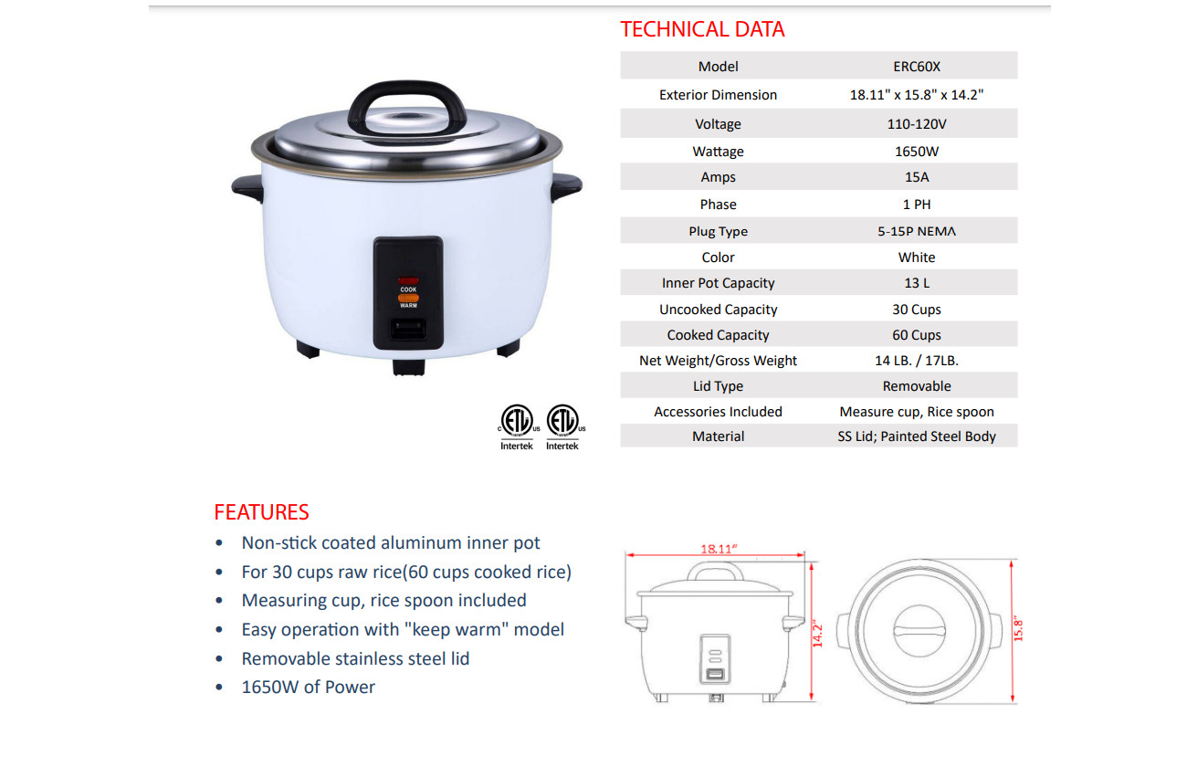 Prepline ERC60X, Electric Rice Cooker With Removable Lid – 60 Cup Cooked Rice