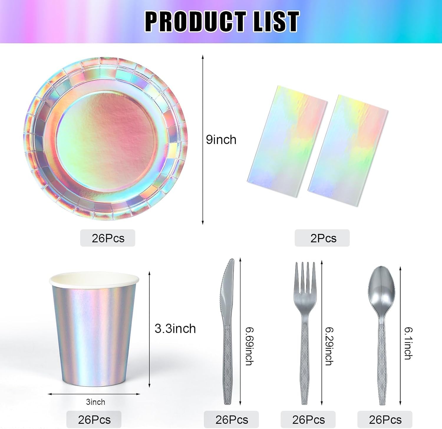 Iridescent Party Decorations,132 Pcs Disposable Iridescent Party Plates Cups