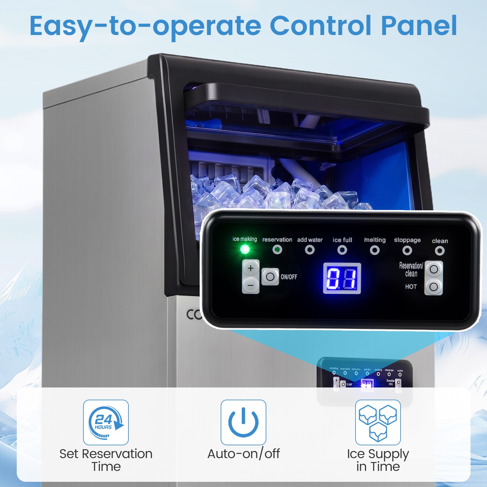 Commercial Ice Maker 110 lbs/24H, Stainless Steel Ice Machine w/25 lbs Capacity