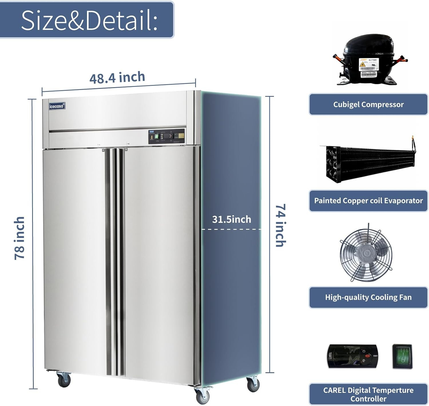 48″ Commercial Refrigerator, ICECASA 2 Door Commercial Reach-In Cooler 36 Cu.ft