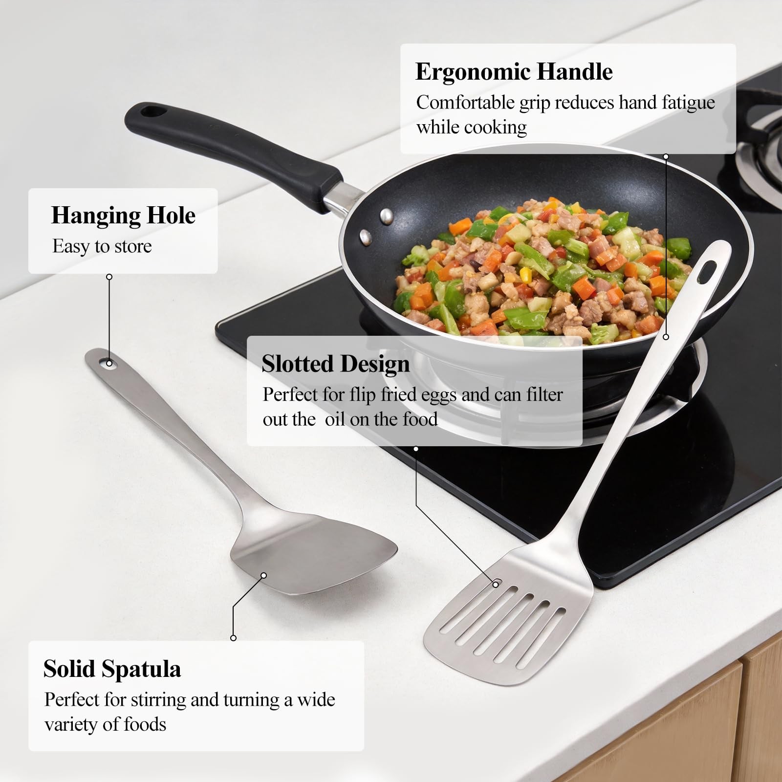 ChefBee 2PCS Metal Spatula Set – Stainless Steel Solid 13.2in, Sliver