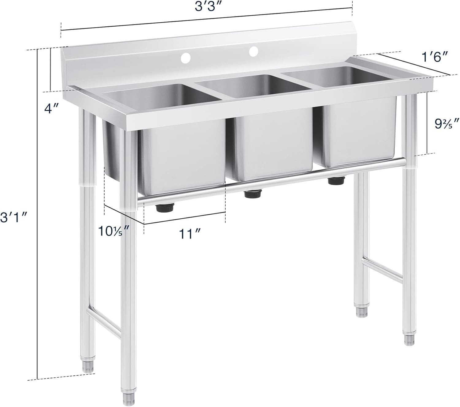 Commercial Stainless Steel Sink with 3 Compartments, Free Standing Restaurant Si