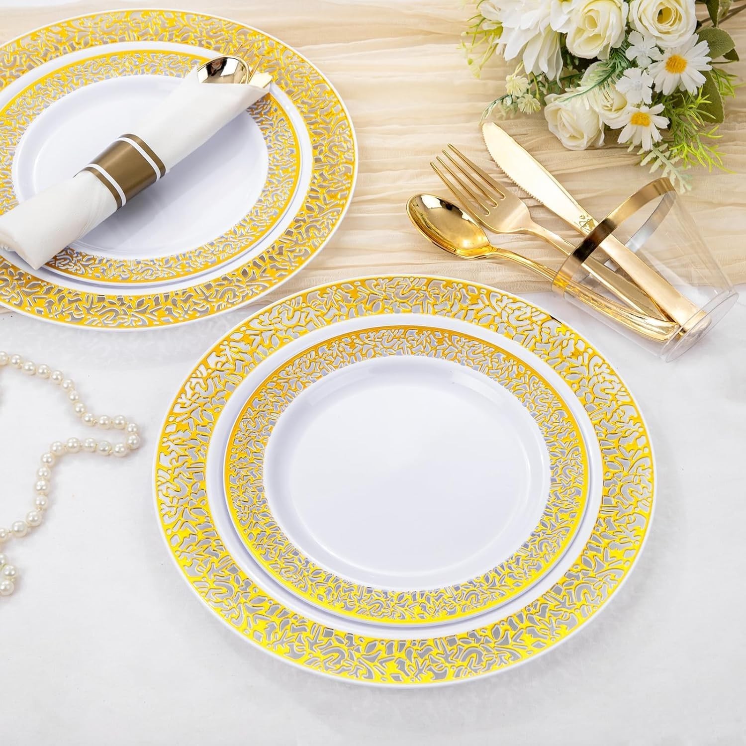 210Pcs Gold Plastic Dinnerware – Disposable Silverware and Cups, Include:30