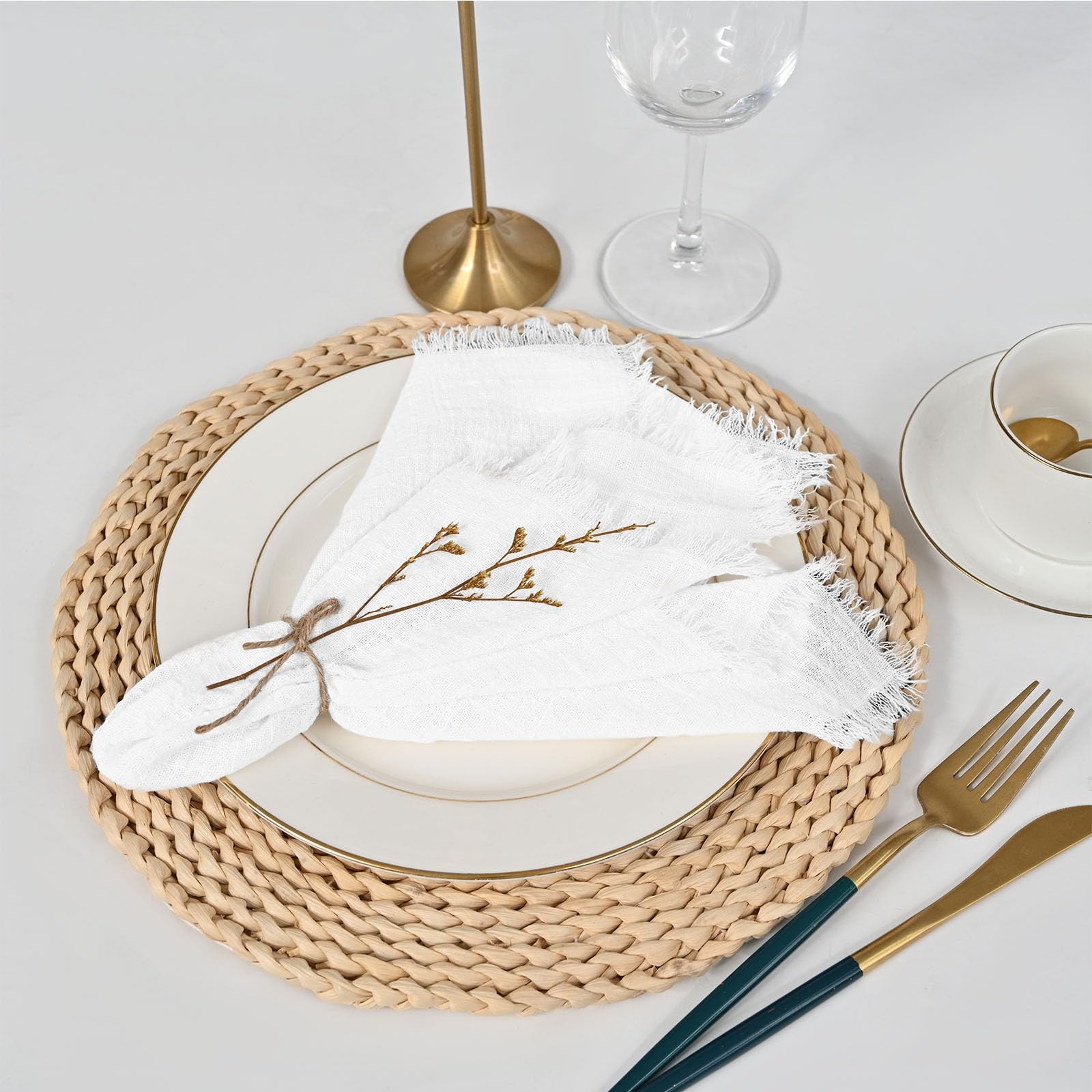 Pesonlook 60 Pcs White Handmade Cloth Napkins Fringe 16X16 Inches Cotton