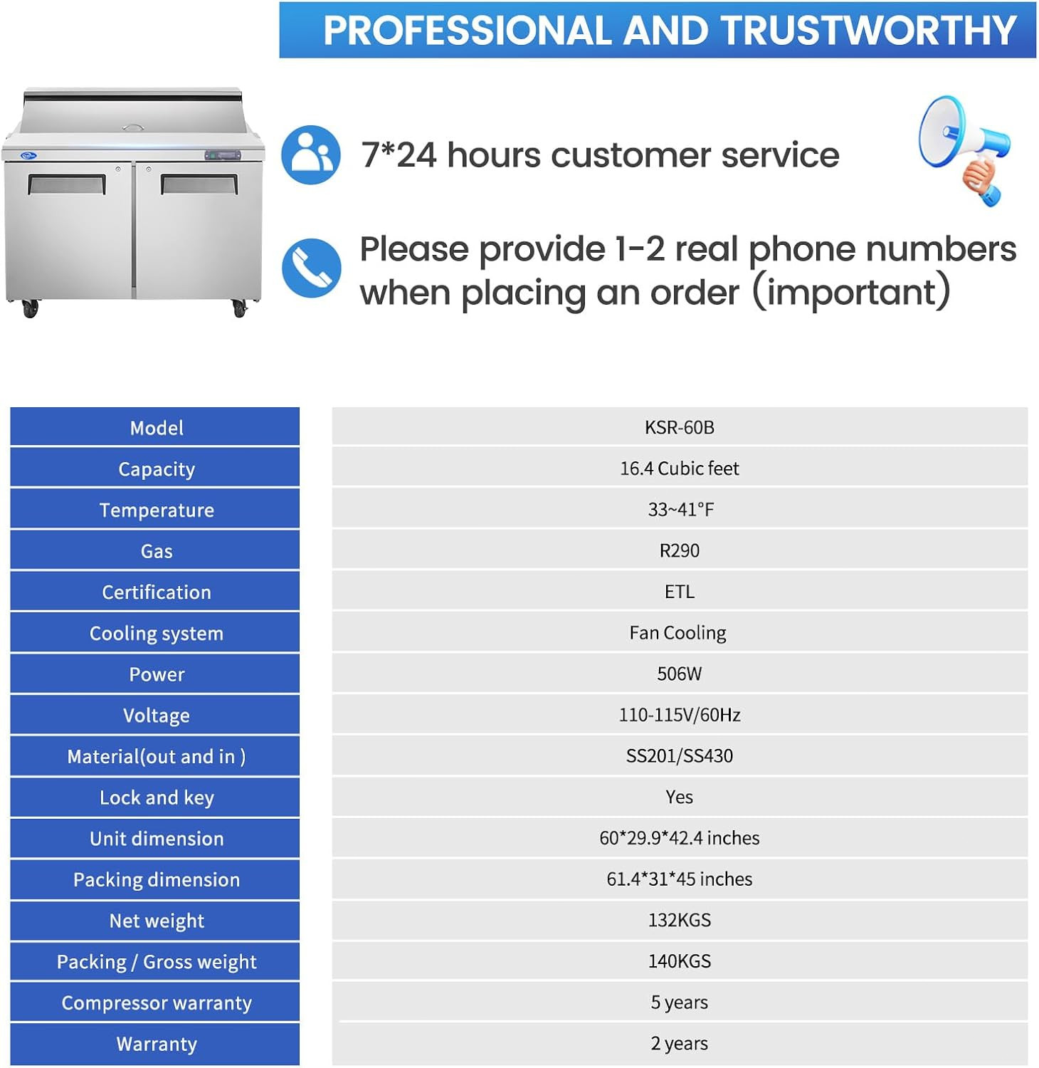 60″ W Commercial Stainless 2 Door Refrigerator Sandwich Salad Prep Table 16 Pans