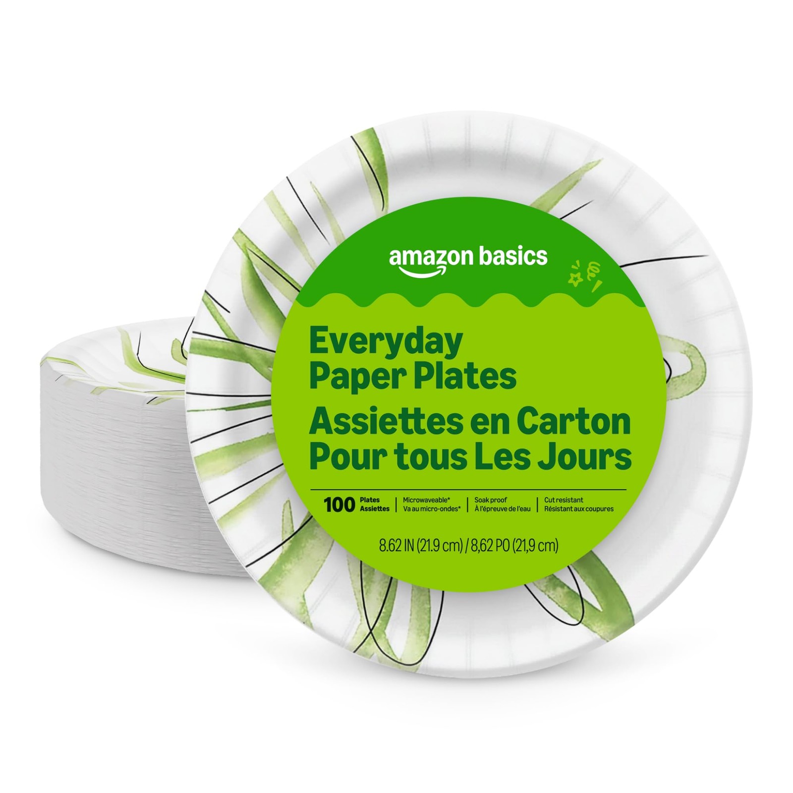 Amazon Basics Everyday Disposable Paper 100 Count (Pack of 1), White,Green