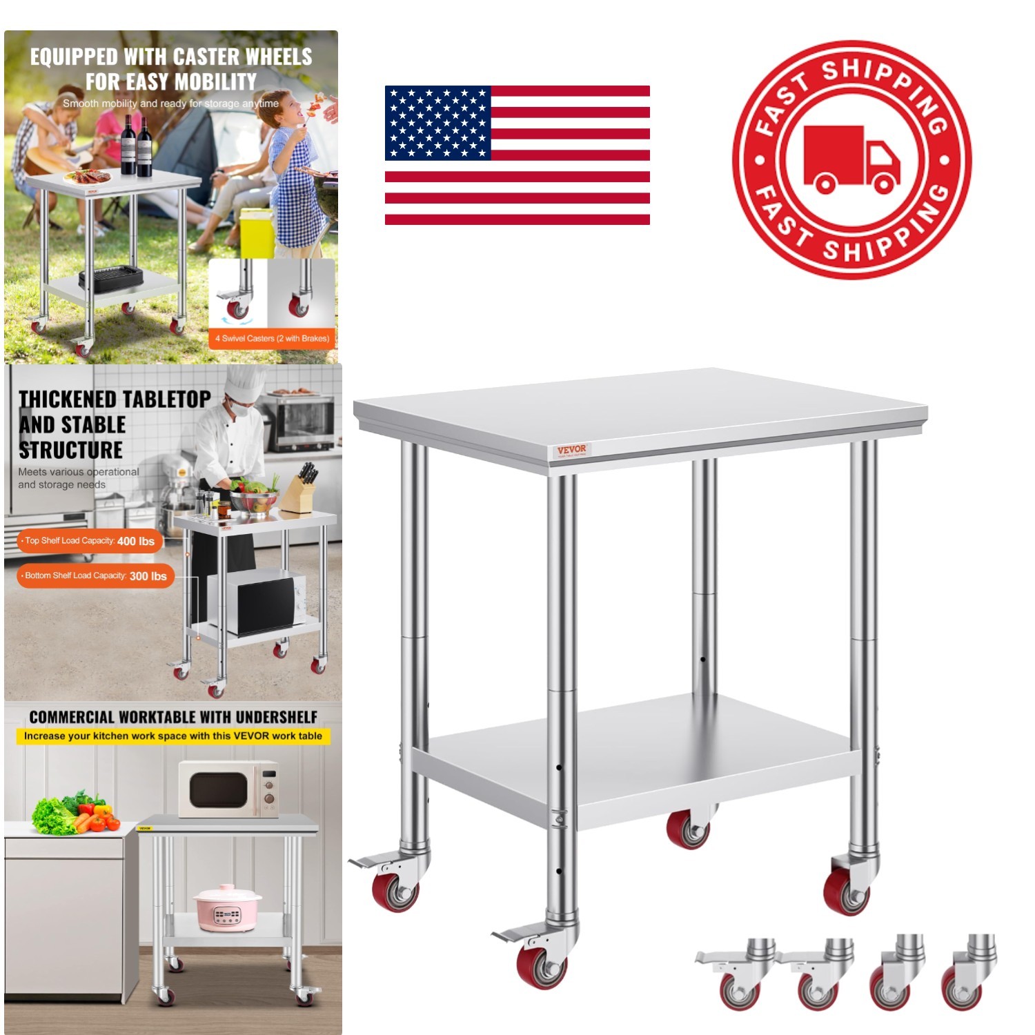 Stainless Steel Work Table with Adjustable Shelf 24 x 30 Inch Mobile Design