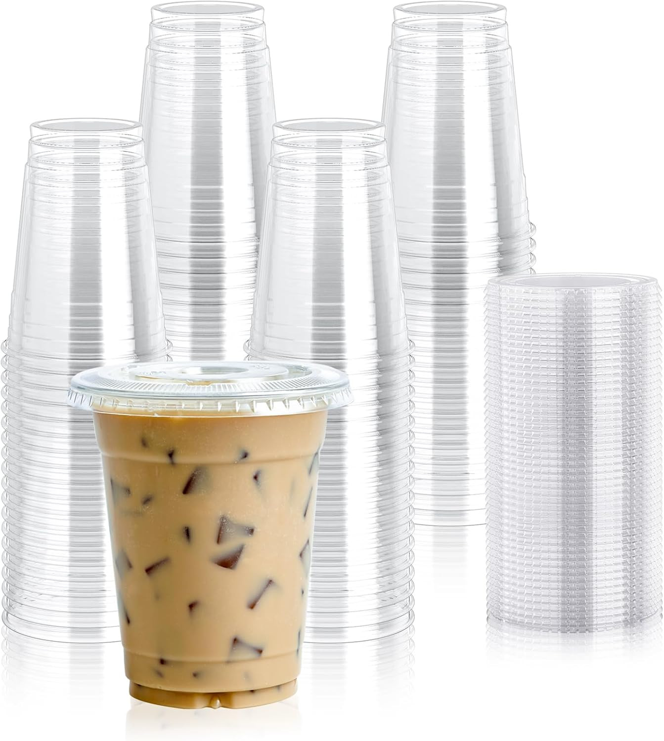 Lilymicky 100 Sets 12 oz Clear Plastic Cups with Flat Lids, 12 oz Disposable Dri