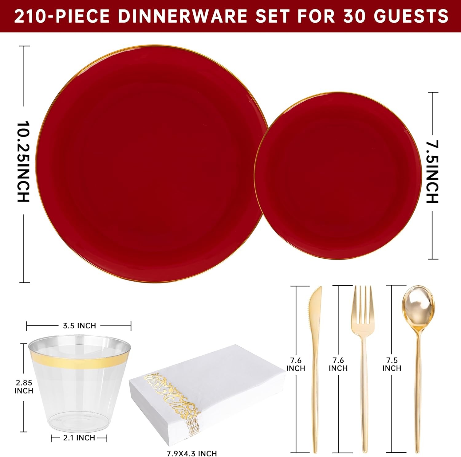 MirthMood 210pcs Red Plastic Plates,Disposable Red Gold Party Plates,Include 30