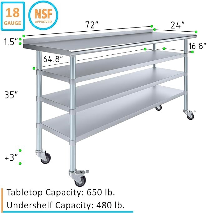 Stainless Steel Metal Work Table with 1.5″ Backsplash and 3 Shelves with Wheels