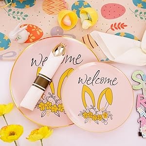 210Pcs Easter Plastic Plates,Pink Gold Party Plates with Bunny Egg Design
