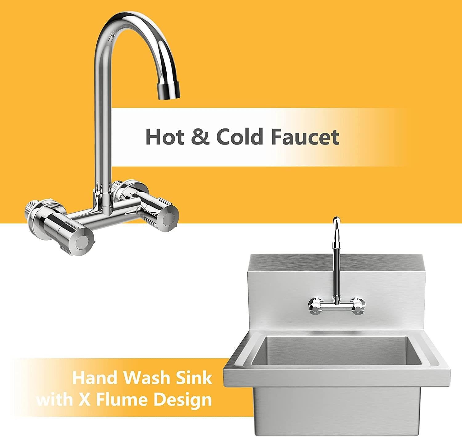 Hand Wash Commercial Sink Wall Mount Utility Sink with Drainer and Faucet Silver