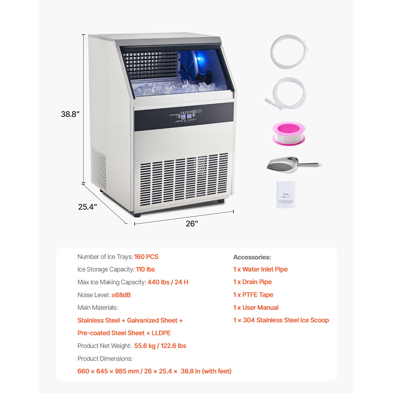 440lbs/24H Commercial Ice Maker industrial Restaurant Ice Machine 110lb Storage