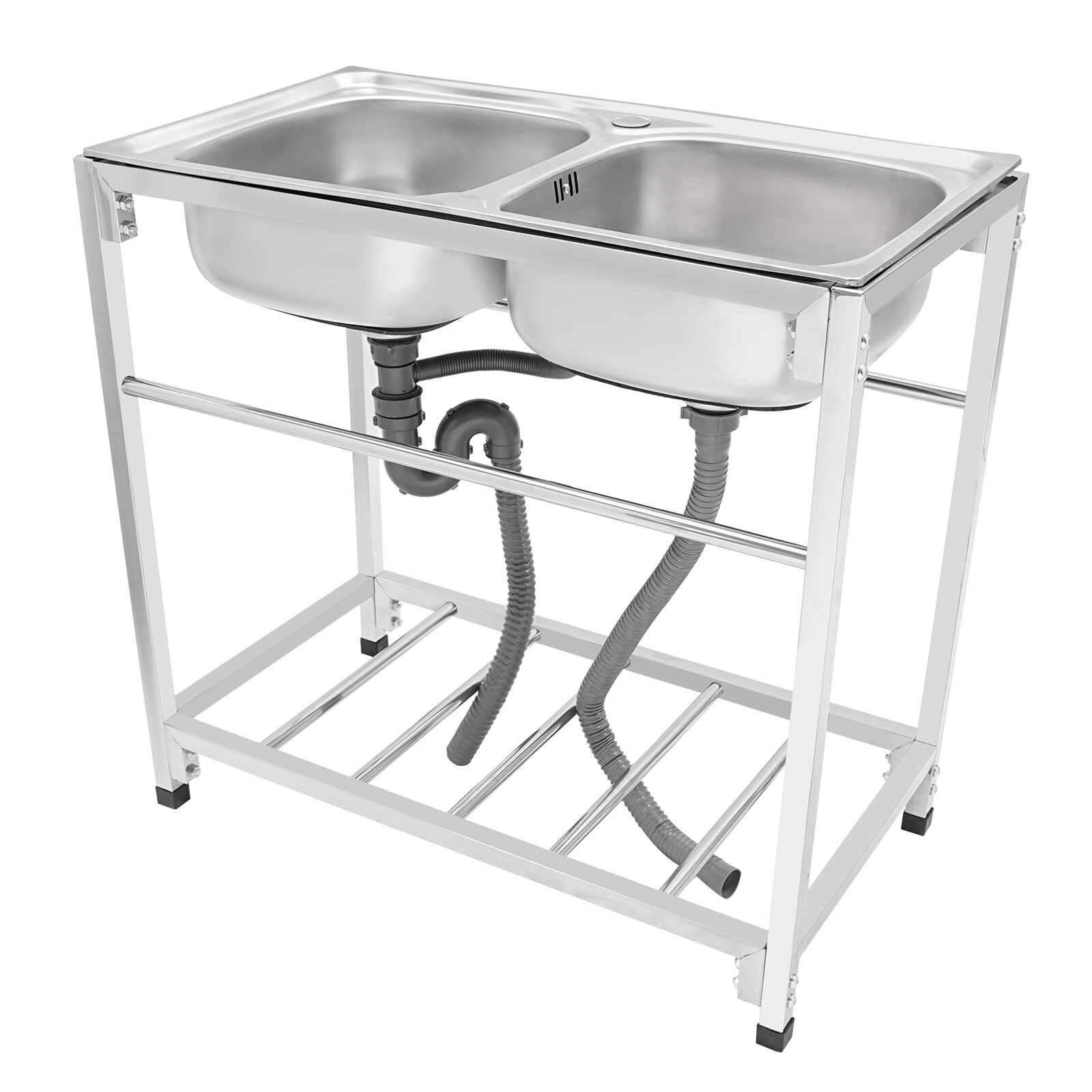 Commercial Stainless Steel Kitchen Sink Free-standing Utility Double-Bowls Sink