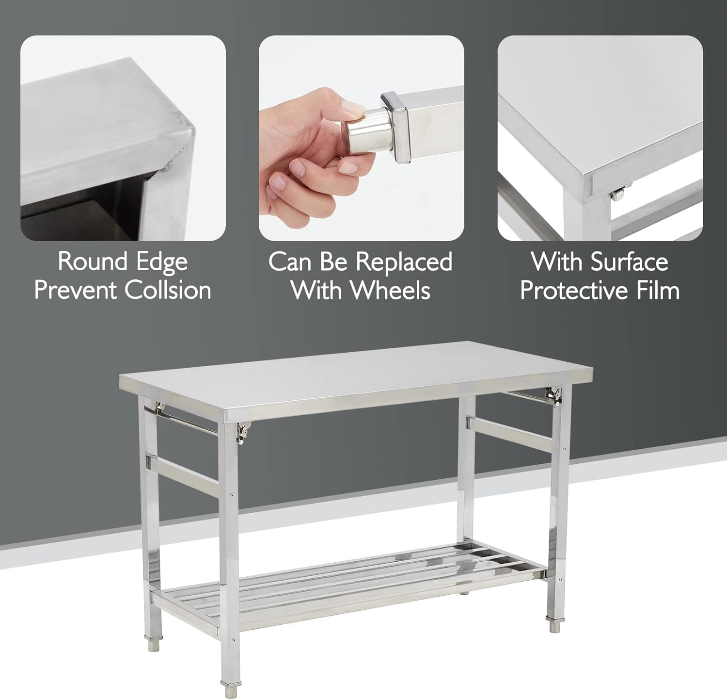 Folding Stainless Steel Work Table ,Heavy Duty Prep Table for Kitchen Restaurant