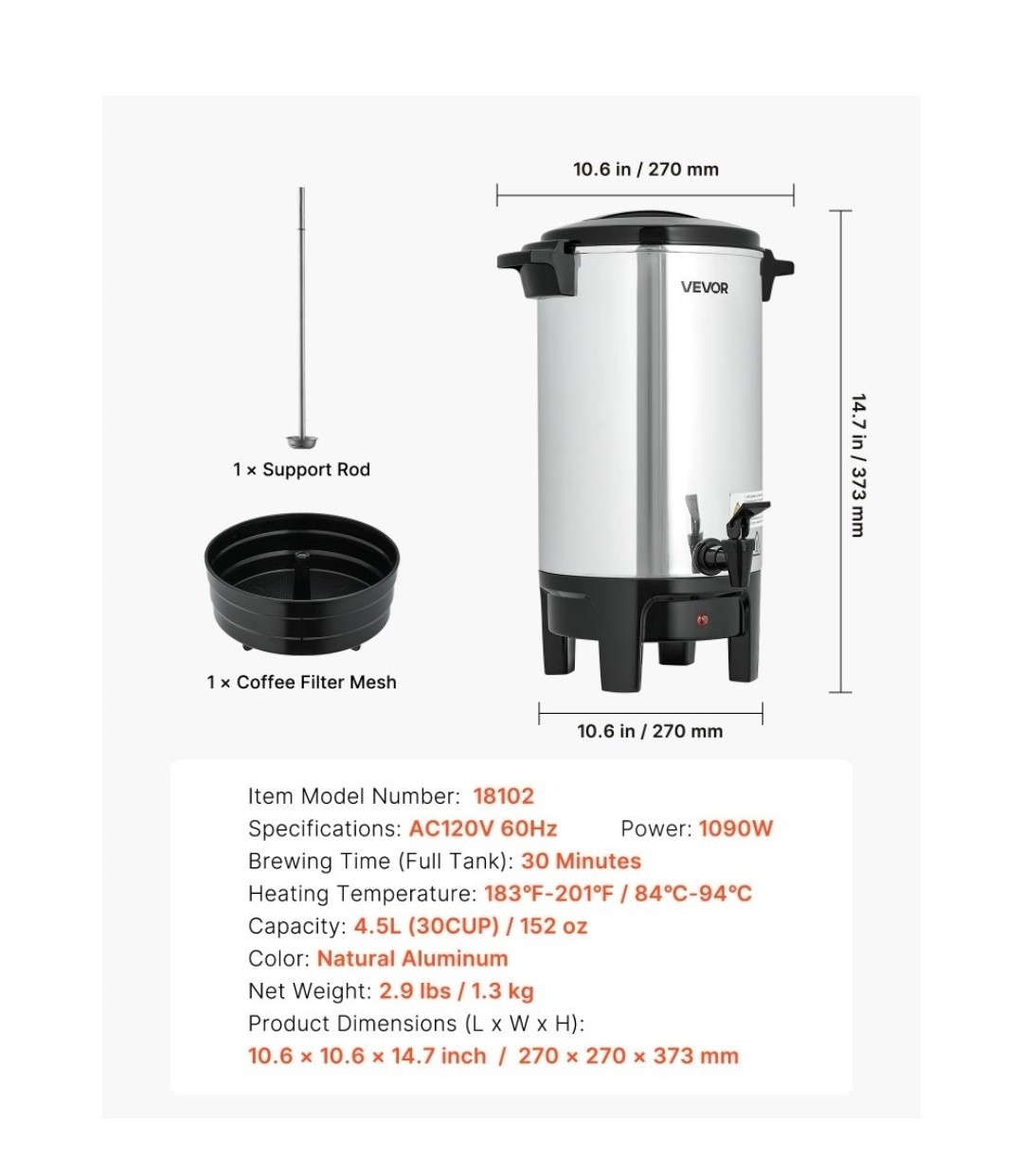 Vevor 30 Cup/4.5L Coffee Urn, Dripless
