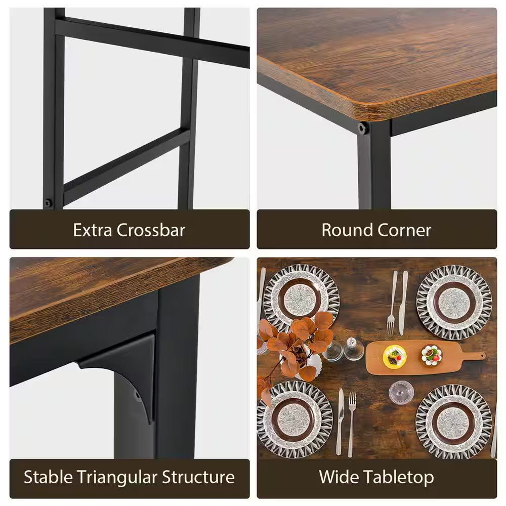4-Piece Dining Table Set Rustic Desk 2 Chairs and Bench with Storage Rack Brown