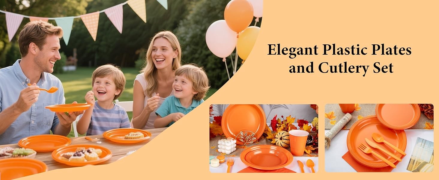 210Pcs Orange Disposable Plates,Plastic Dinnerware Set for Party,Includes: