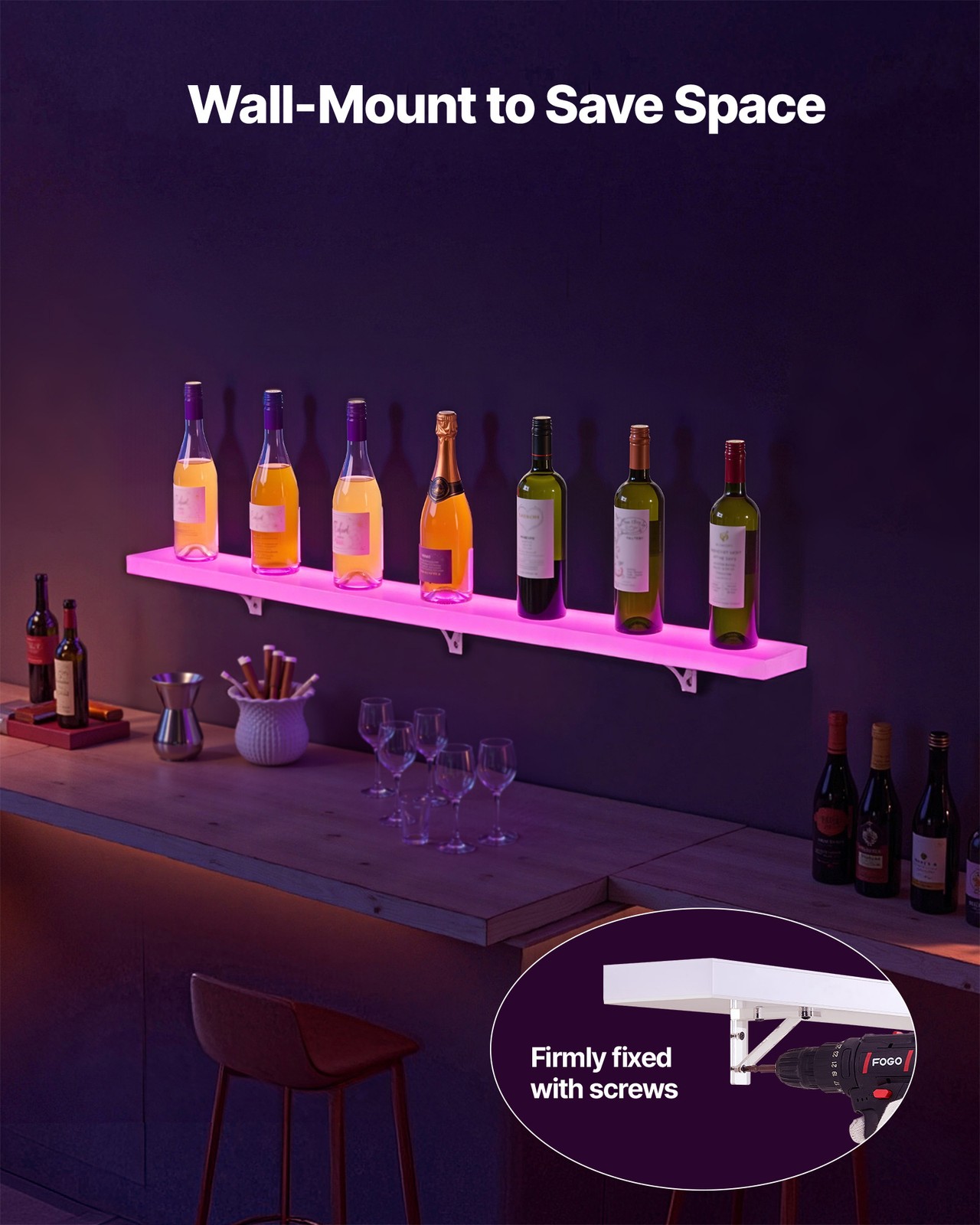 VEVOR LED Lighted Liquor Bottle Display 1-Tier 48 Inches for 12 Bottles