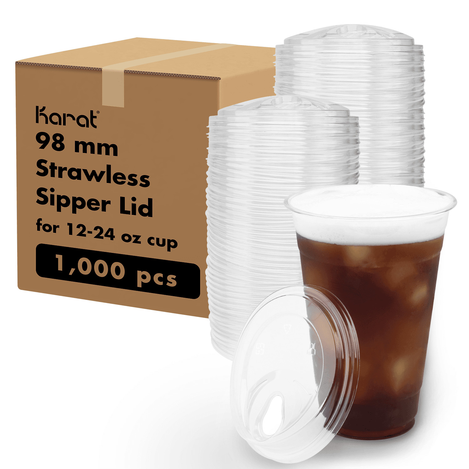 Karat 98mm PET Strawless Sipper Lid for 12-24oz PET Cup – 1,000 pcs