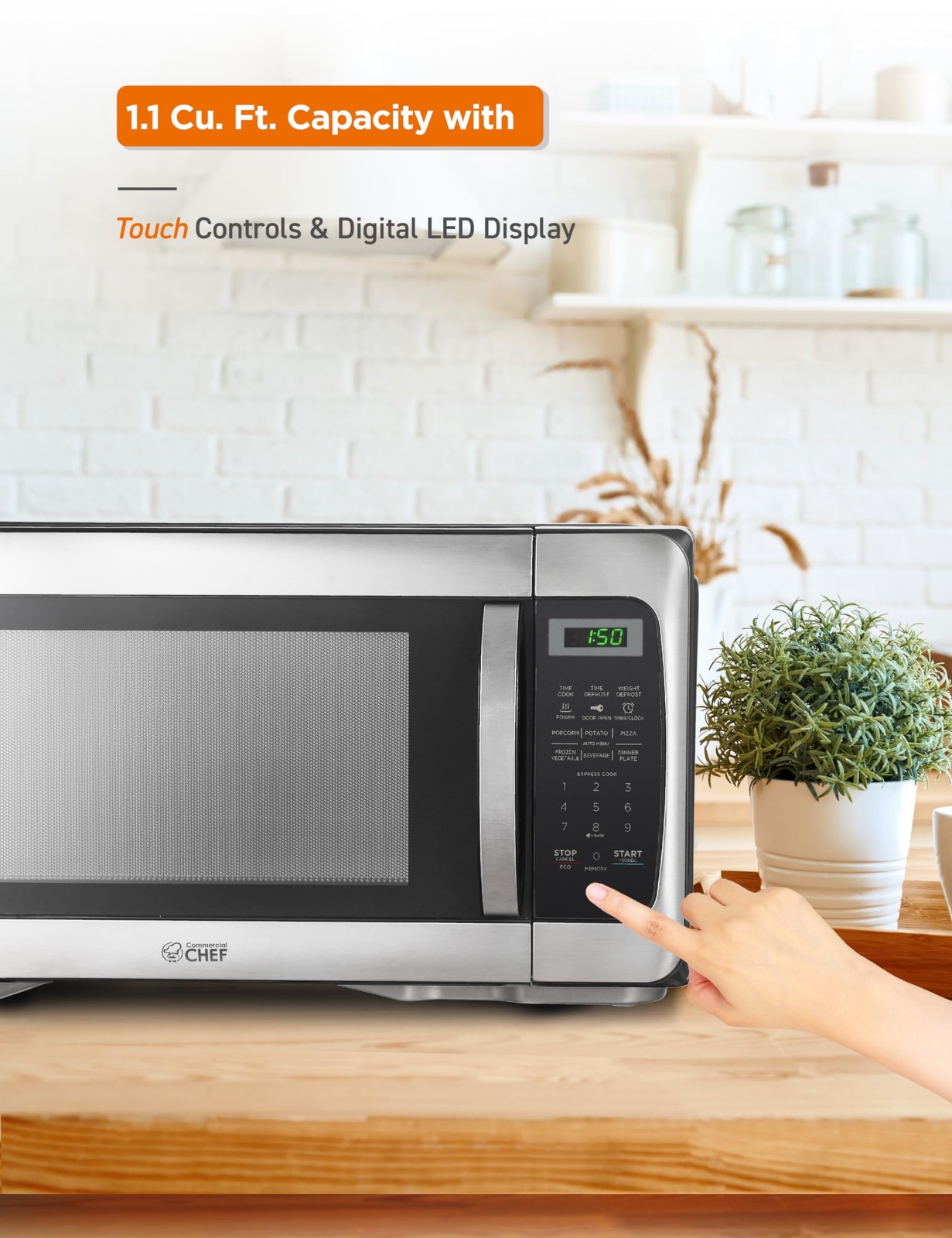 COMMERCIAL CHEF 1.1 Cu Ft Microwave with 10 Cubic Feet, Stainless Steel