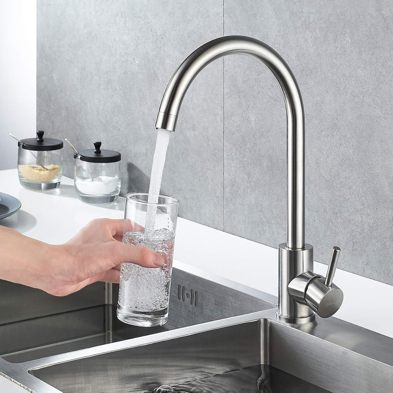 Brushed Nickel High Arc Kitchen Faucet, Single Hole Design
