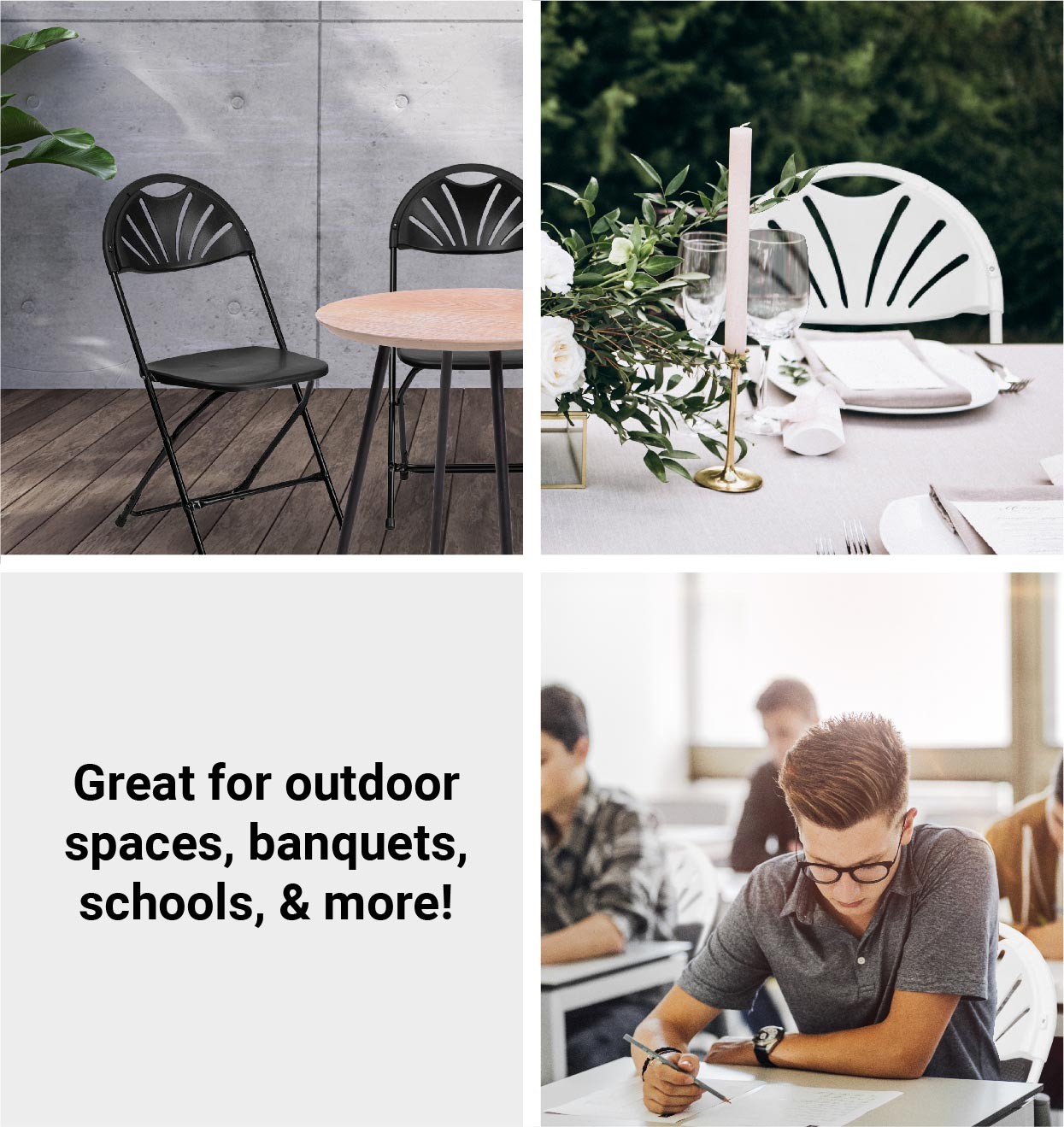 Plastic Folding Chairs White Fan Back Outdoor 300lb Capacity Steel Frame 8 Pack