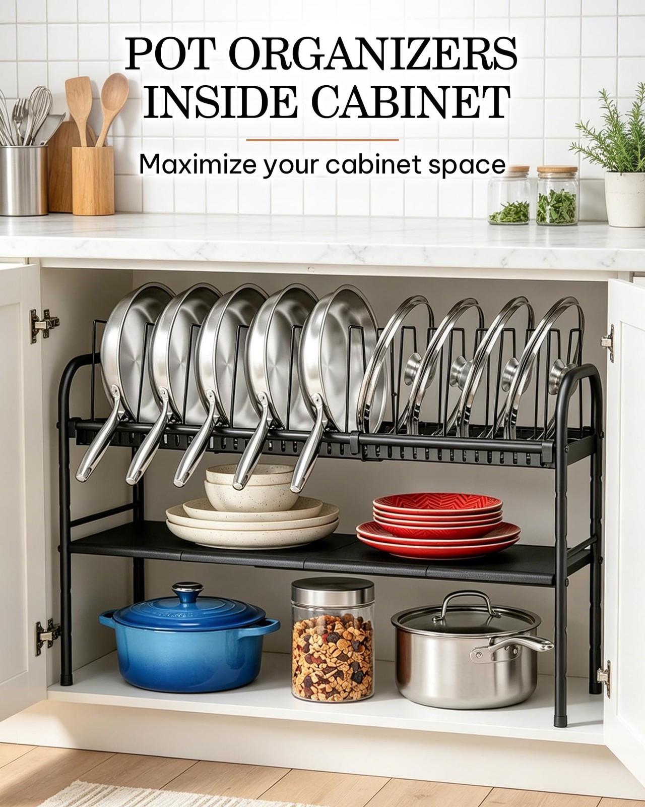 Vosturdy Pots and Pans Organizer Under Cabinet, Expandable 2 Tier Pot Black