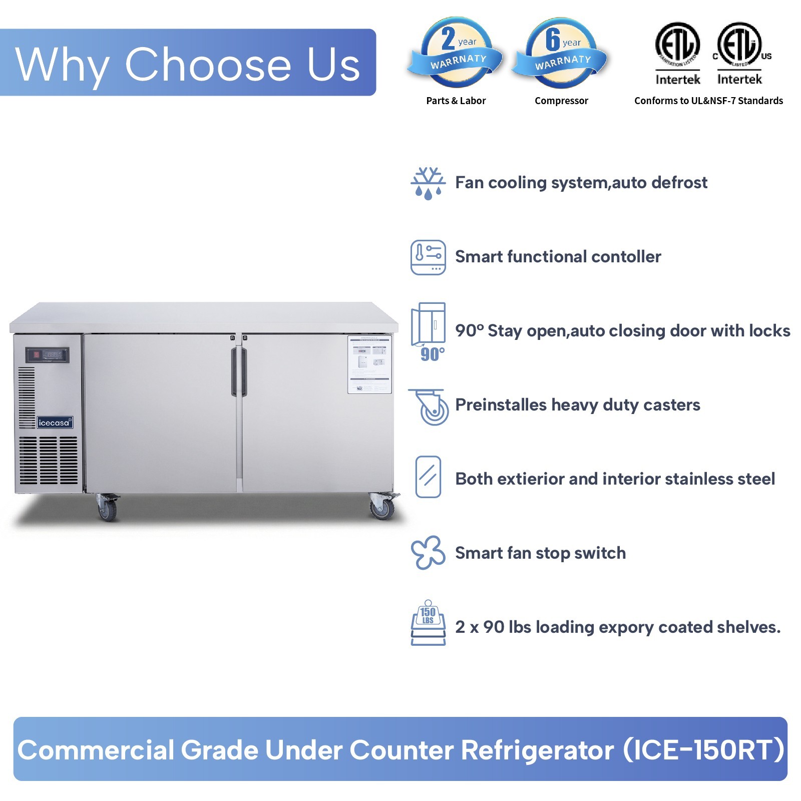ICECASA 60″ Commercial Worktop Refrigerator Stainless Steel Undercounter Fridge