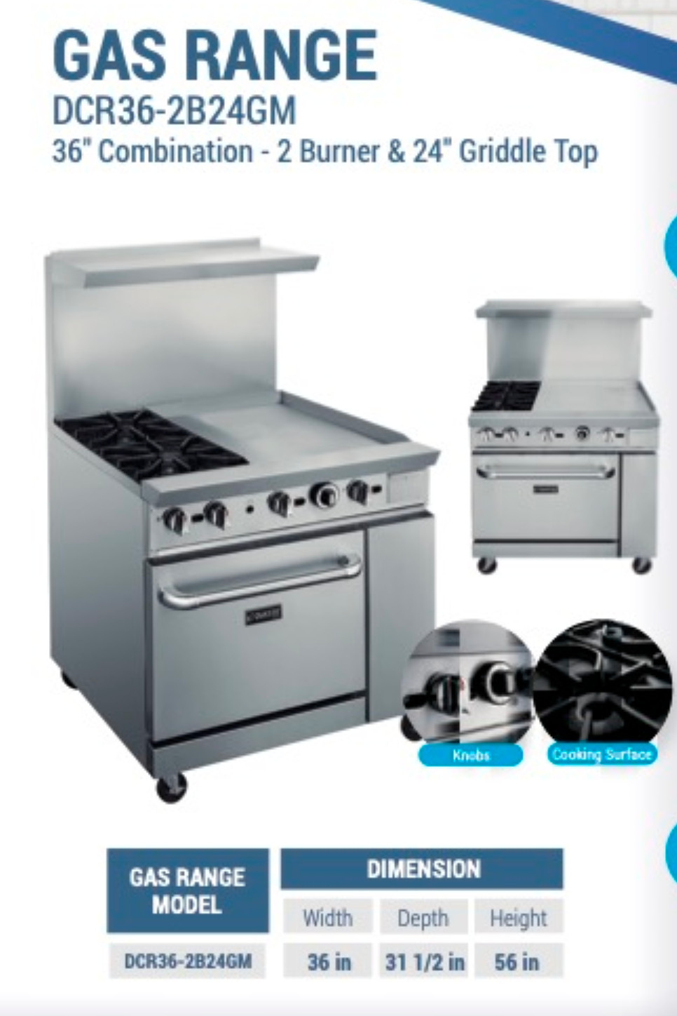 NEW 36″ Range 24″ Griddle 2 Burner Combo Std Oven NG On Wheels Dukers #1335