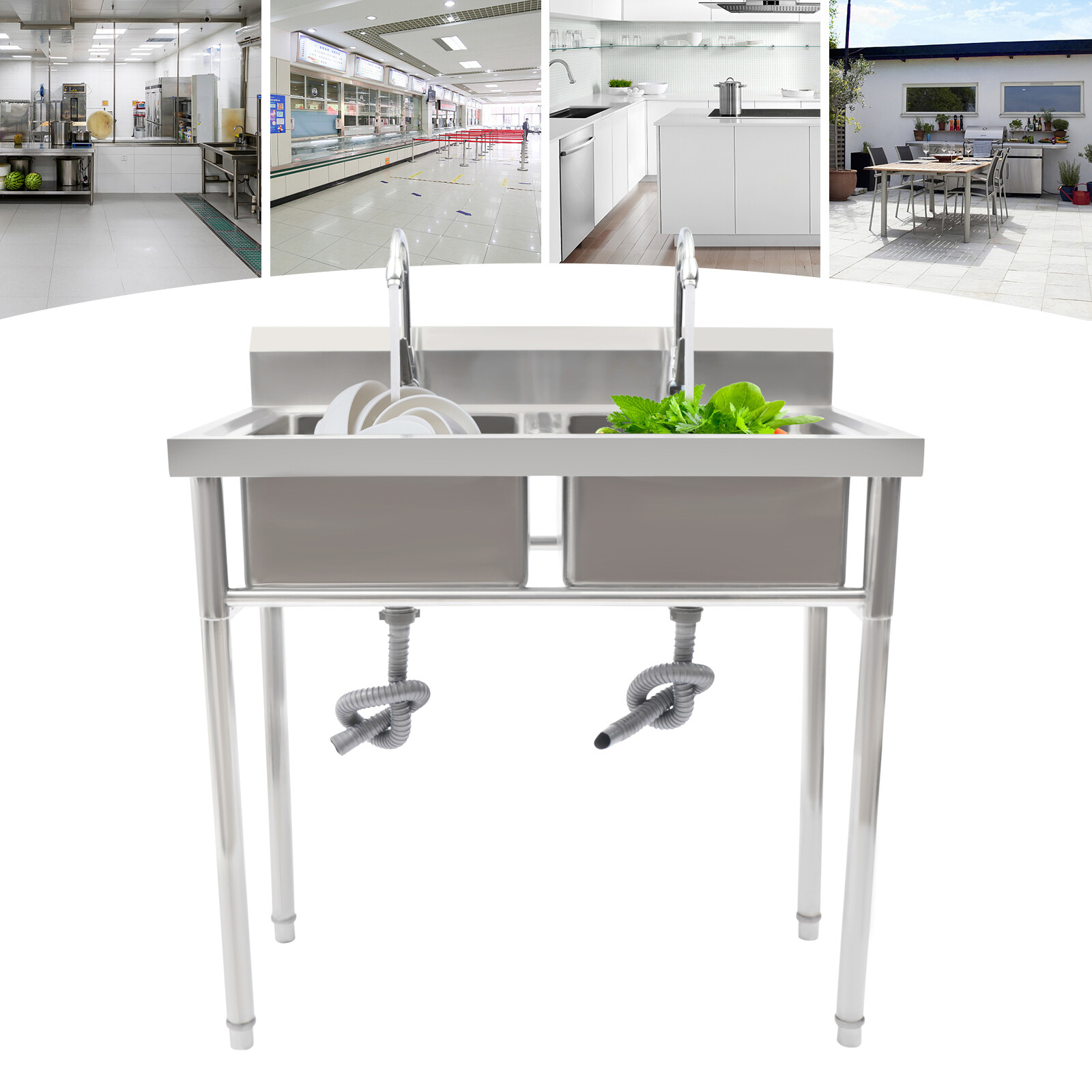 Stainless Steel Commercial 2 Dual Compartment Utility Prep Sink w/ Basins Faucet