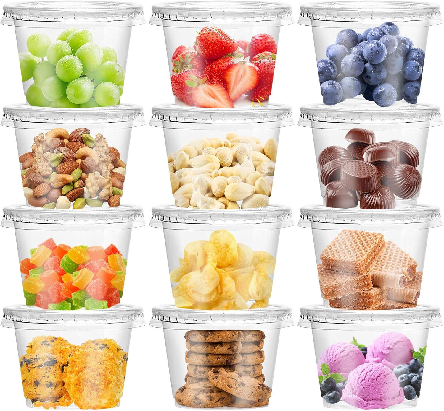 100 Pcs 8 OZ Disposable Plastic Cups with Flat Lids,Clear Portion Cups with F…