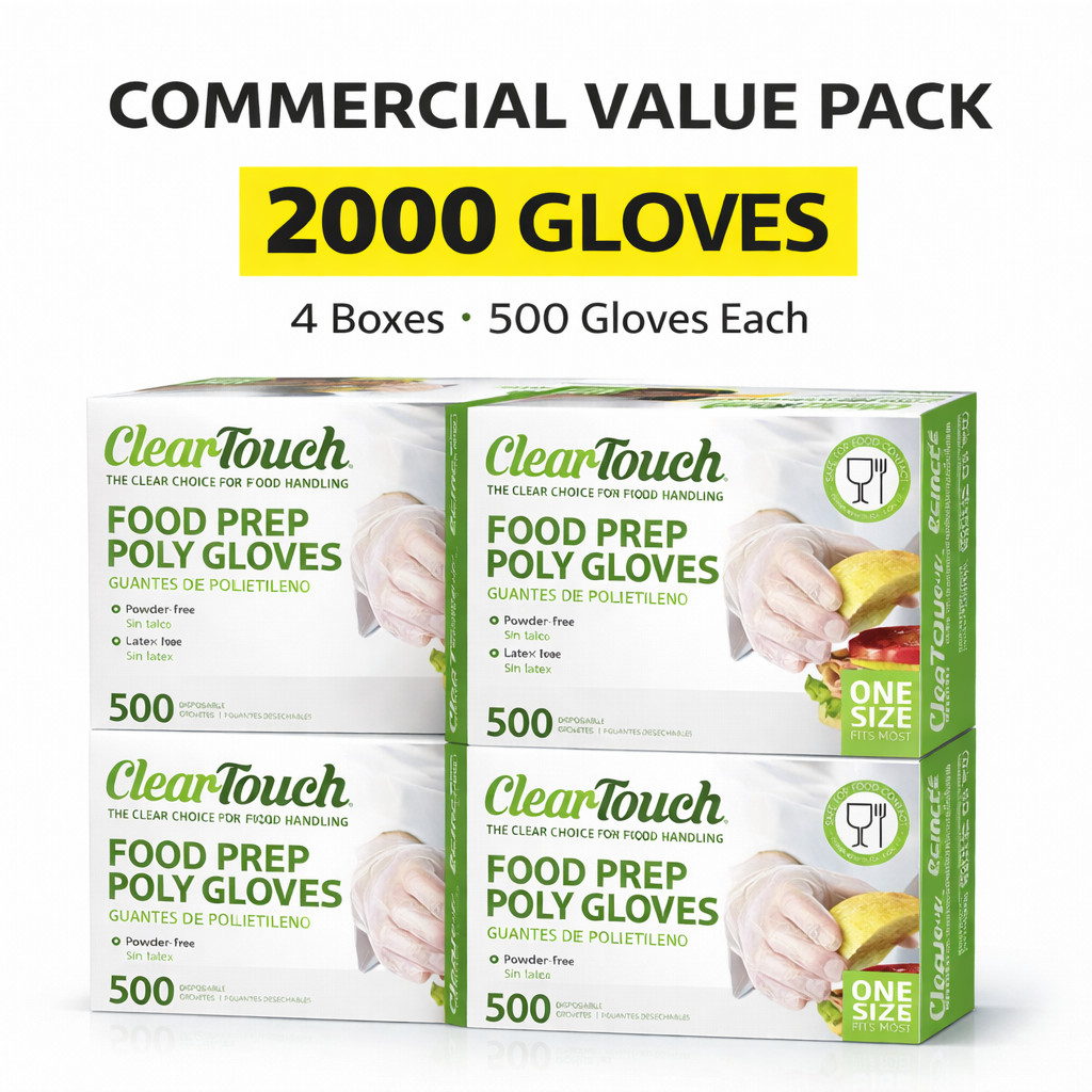 Clear Touch Food Prep Poly Gloves – Latex and Powder Free – One Size Fits Most