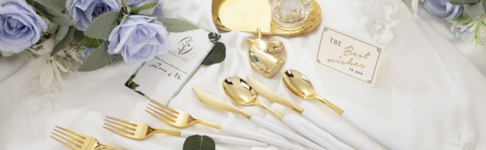 144Pcs Gold Plastic Silverware, Gold Plastic Utensils Set,Disposable Utensils
