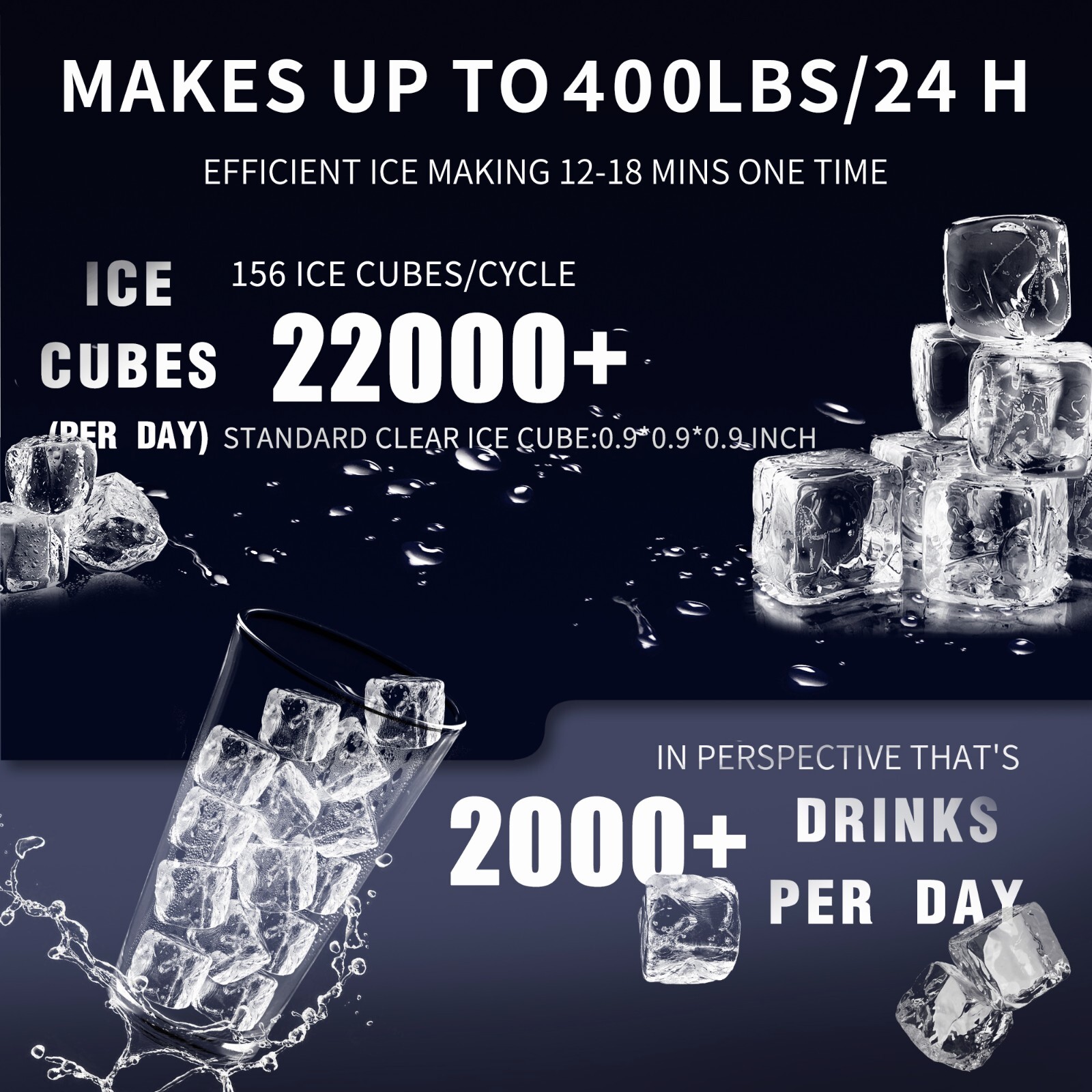 Commercial Ice Maker Machine, 400LBS/24H with 200LBS Large Storage Ice Bin